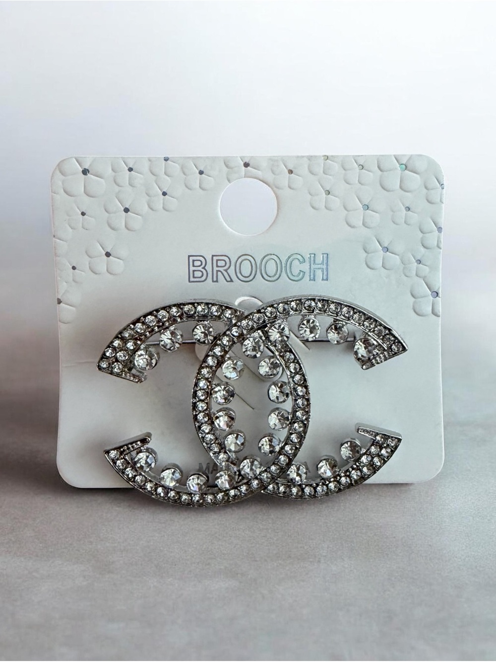 Crystal Interlocking CC Brooch Pin - Silver